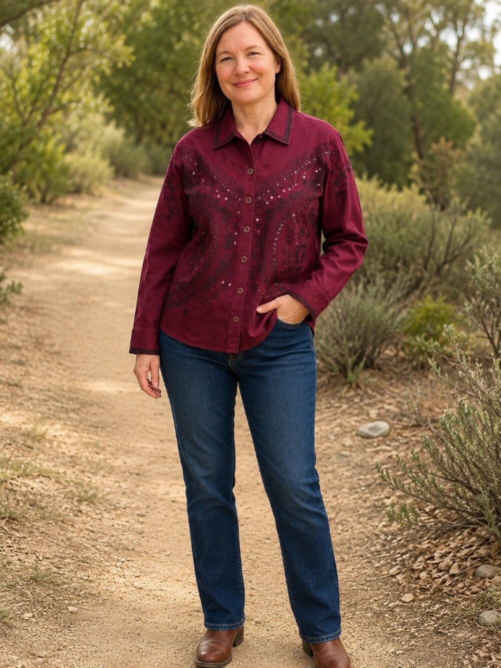 Asha Marie Western Sequin Embroidered Button-Down Shirt Women’s Size M - Picture 14 of 14